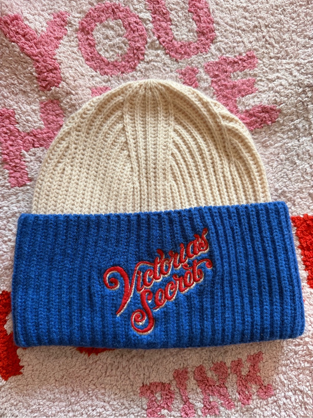 Victoria's Secret Cream and Blue Knit Cuffed Beanie